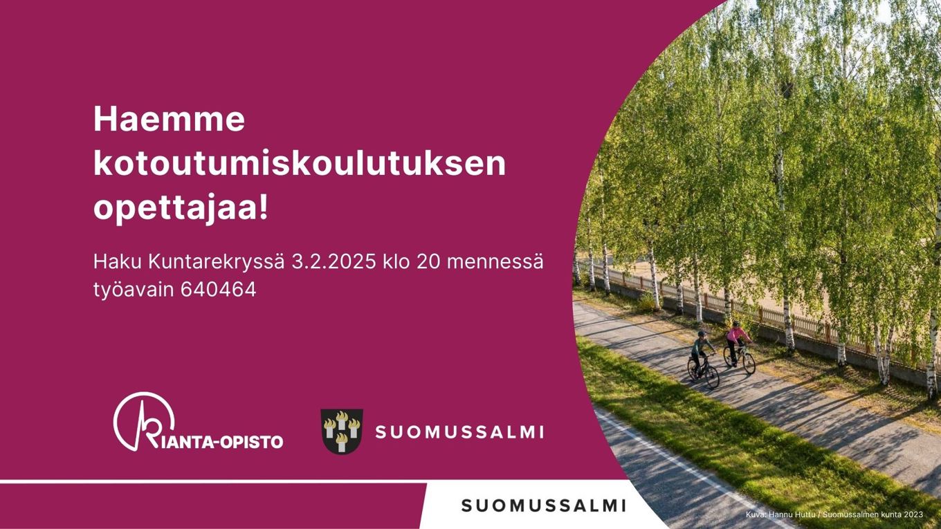 Kuvituskuva, kuvassa pyöräilijöitä kesäisessä maisemassa pyörätiellä. Tekstissä rekrytoinnin otsikko ja hakuaika. Alla kunnan ja Kianta-Opiston logot.