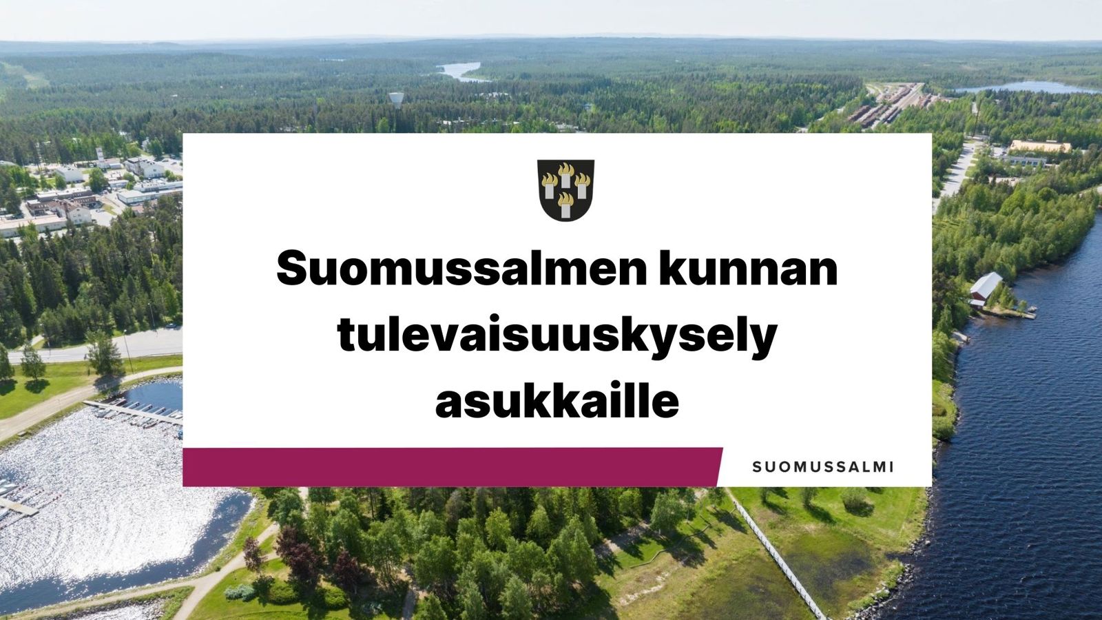 Kuvituskuva, taustalla kesällä otettu ilmakuva keskustasta, päällä valkoinen laatikko ja siinä teksti Suomussalmen kunnan tulevaisuuskysely asukkaille.
